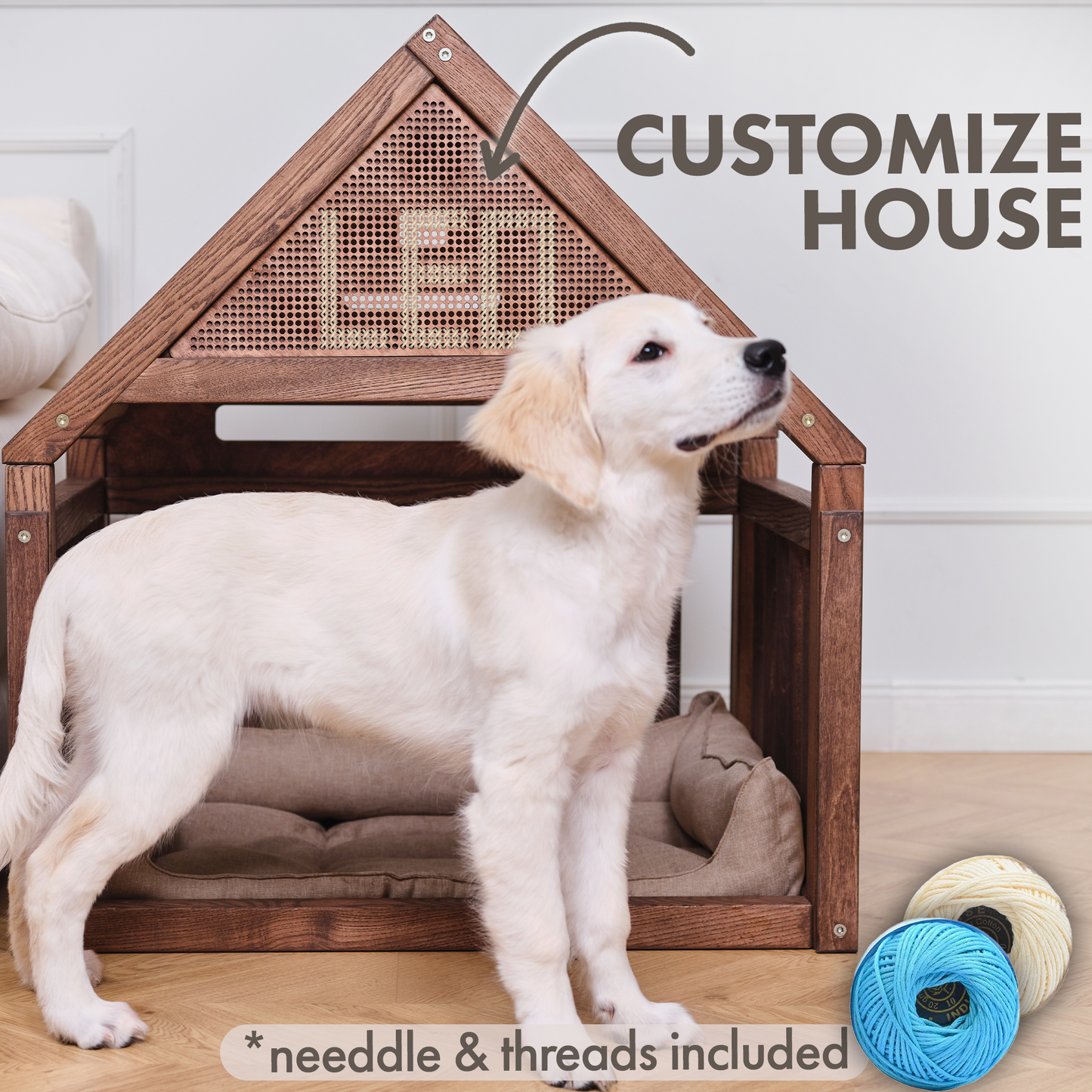 Wooden Dog Сage House with Cozy Pillow