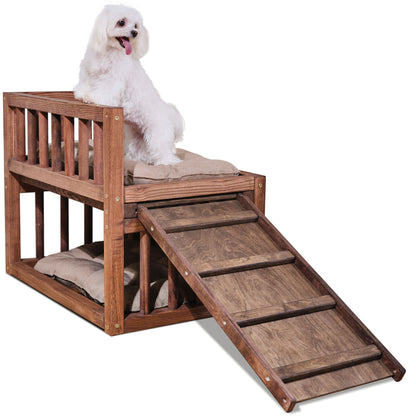 Wooden Dog Bed Platform with Cozy Pillows
