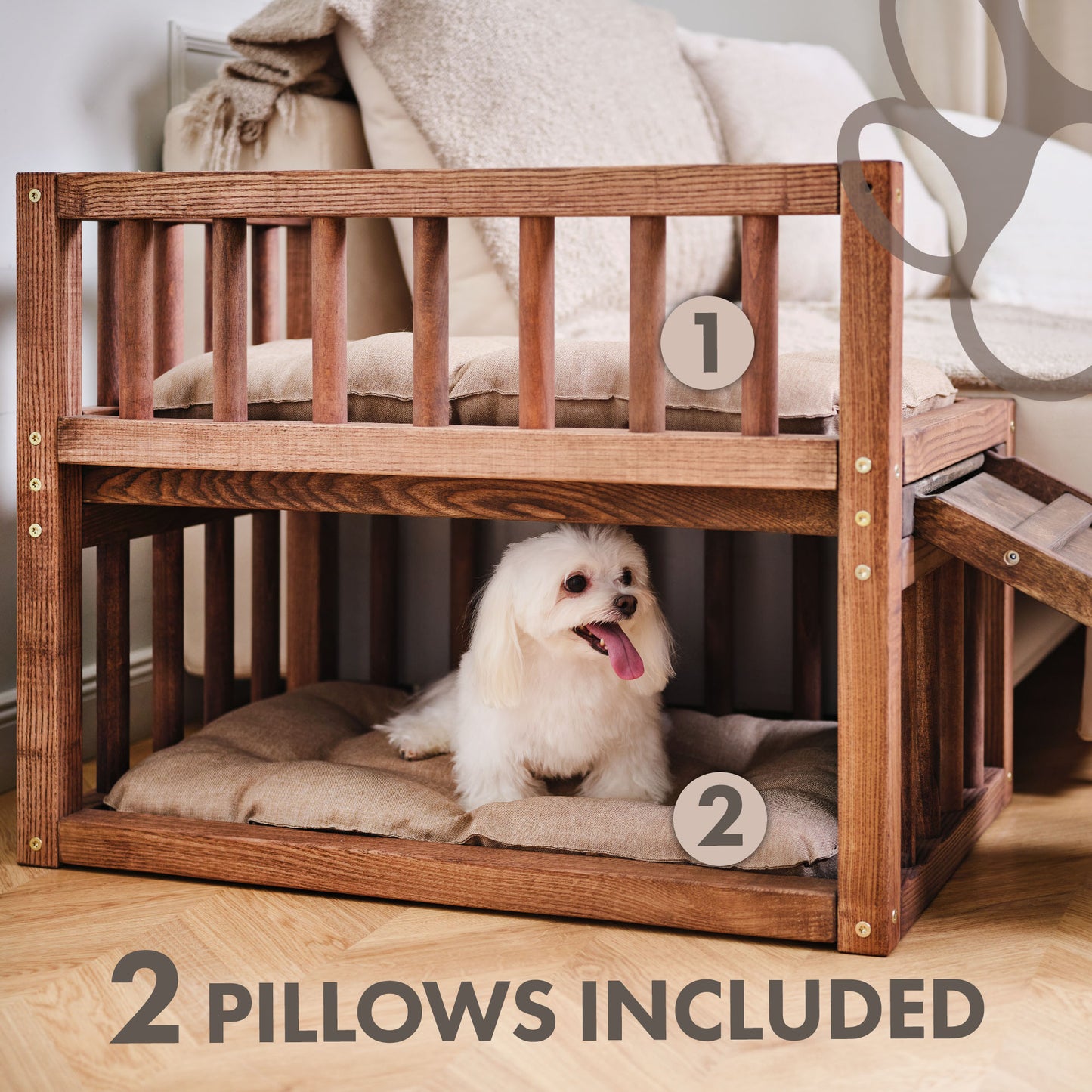 Wooden Dog Bed Platform with Cozy Pillows