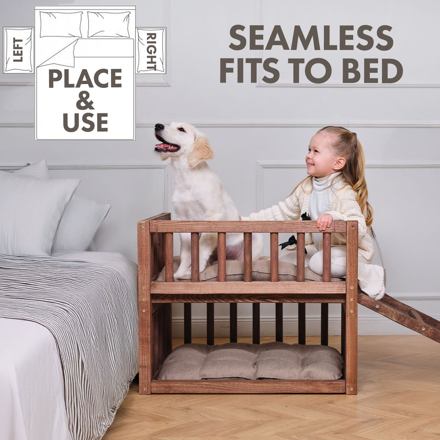 Wooden Dog Bed Platform with Cozy Pillows
