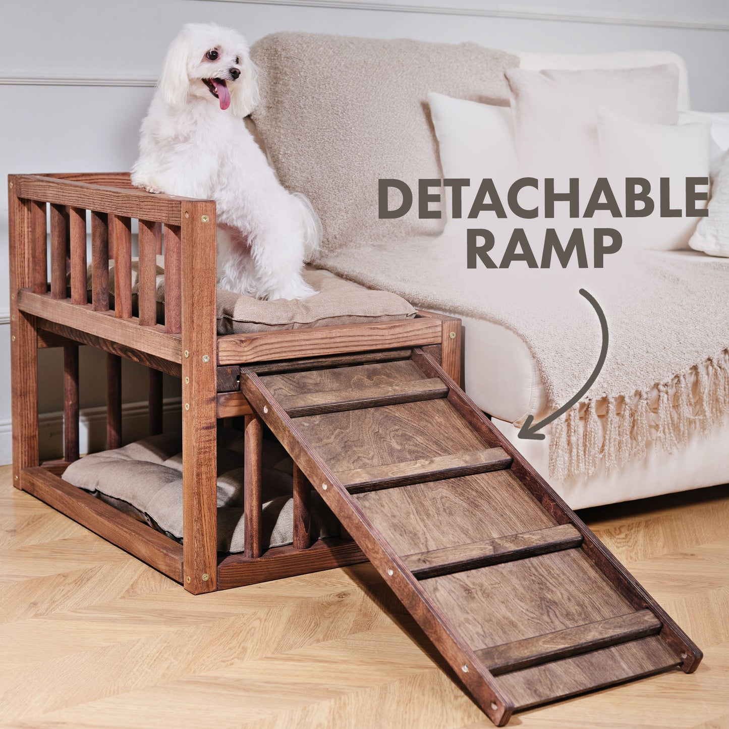Wooden Dog Bed Platform with Cozy Pillows